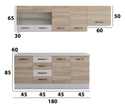 Bucatarie Alfa cu vitrina, 240x210x60 cm, sonoma/alb - imagine 3