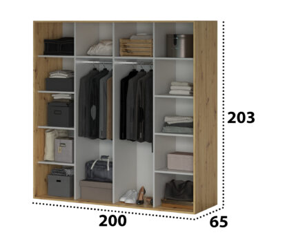 Set Mobila Dormitor Bali, culoare Sonoma / Negru, Dulap 200 cm, Pat 160x200 cm, 2 noptiere, comoda - imagine 7