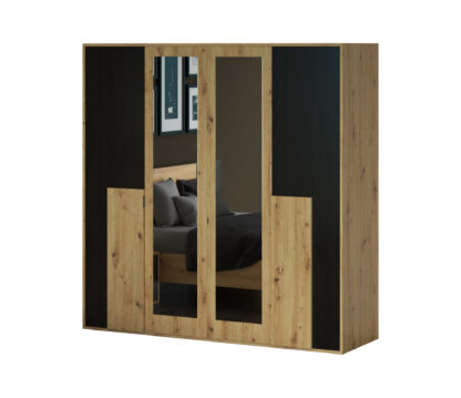 Set Mobila Dormitor Bali, culoare Sonoma / Negru, Dulap 200 cm, Pat 160x200 cm, 2 noptiere, comoda - imagine 5