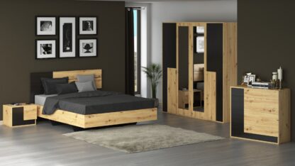 Set Mobila Dormitor Bali, culoare Sonoma / Negru, Dulap 200 cm, Pat 160x200 cm, 2 noptiere, comoda