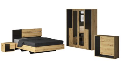 Set Mobila Dormitor Bali, culoare Sonoma / Negru, Dulap 200 cm, Pat 160x200 cm, 2 noptiere, comoda - imagine 2