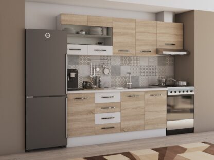 Bucatarie Alfa cu vitrina, 240x210x60 cm, sonoma/alb