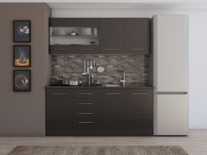Bucatarie Alfa cu vitrina, 180x210x60 cm, wenge