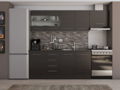 Bucatarie Alfa cu vitrina, 240x210x60 cm, wenge