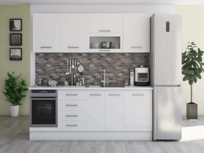 Bucatarie Alfa cu vitrina, 260x210x60 cm, alb