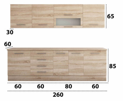 Bucatarie Alfa cu vitrina, 260x210x60 cm, sonoma - imagine 5