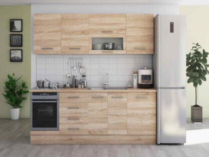 Bucatarie Alfa cu vitrina, 260x210x60 cm, sonoma