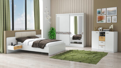 Set Dormitor Atena, Alb, Dulap 200 cm, Pat 160x200 cm, 2 noptiere, comoda