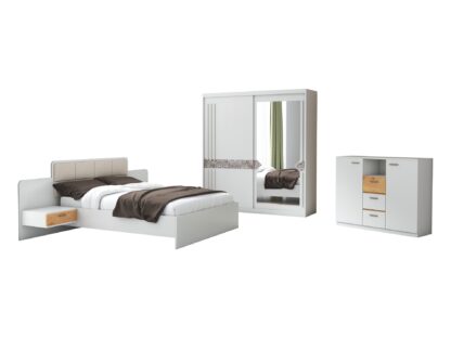 Set Dormitor Atena, Alb, Dulap 200 cm, Pat 160x200 cm, 2 noptiere, comoda - imagine 3