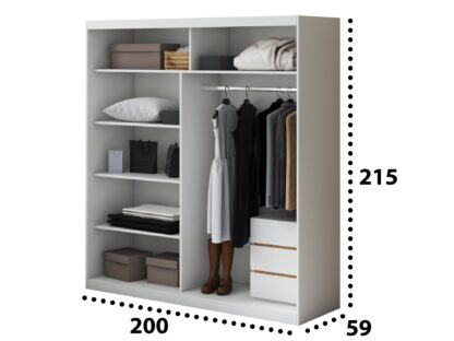 Set Dormitor Atena, Alb, Dulap 200 cm, Pat 160x200 cm, 2 noptiere, comoda - imagine 9