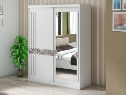 Set Dormitor Atena, Alb, Dulap 200 cm, Pat 160x200 cm, 2 noptiere, comoda - imagine 5