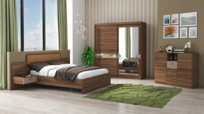 Set Dormitor Atena, Nuc, Dulap 200 cm, Pat 160x200 cm, 2 noptiere, comoda