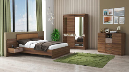 Set Dormitor Atena, Nuc, Dulap 150 cm, Pat 160x200 cm, 2 noptiere, comoda