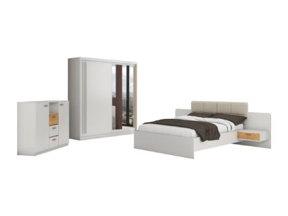 Set Dormitor Effect, Alb, Dulap 200 cm, Pat 160x200 cm, 2 noptiere, comoda - imagine 2