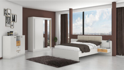 Set Dormitor Effect, Alb, Dulap 150 cm, Pat 160x200 cm, 2 noptiere, comoda