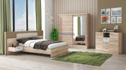 Set Dormitor Atena, Sonoma, Dulap 200 cm, Pat 160x200 cm, 2 noptiere, comoda