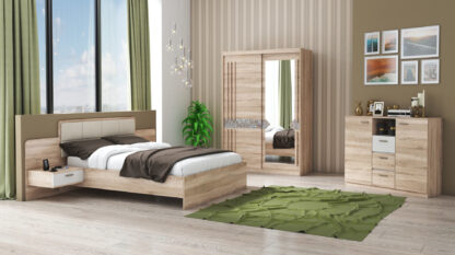 Set Dormitor Atena, Sonoma, Dulap 150 cm, Pat 160x200 cm, 2 noptiere, comoda