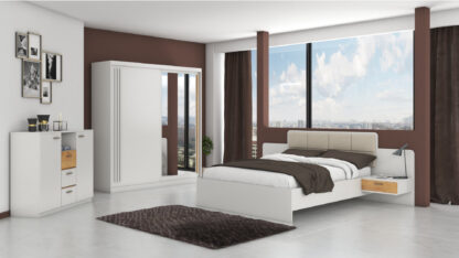 Set Dormitor Effect, Alb, Dulap 200 cm, Pat 160x200 cm, 2 noptiere, comoda
