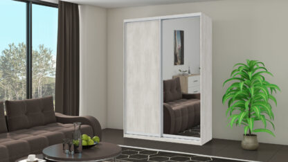 Dressing Fiona cu oglinda, alb murdar, 150x225x60 cm, 2 usi culisante