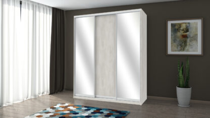 Dulap Karla cu oglinda, alb murdar, 180x225x60 cm, 3 usi culisante