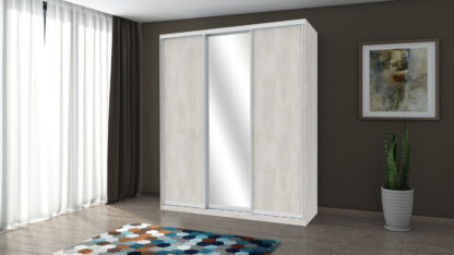 Dulap Kira cu oglinda, alb murdar, 180x225x60 cm, 3 usi culisante