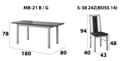 Set masa extensibila 140x180cm cu 6 scaune tapitate, MB-21 Modena1 si S-38 Boss14 B24Z, alb/grafit, lemn masiv de fag, stofa - imagine 5