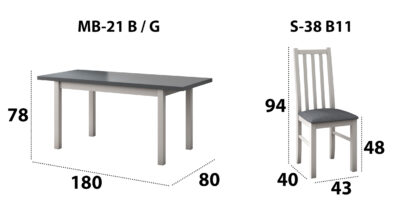 Set masa extensibila 140x180cm cu 4 scaune tapitate, MB-21 Modena1 si S-38 Boss10 B11, alb/grafit, lemn masiv de fag, stofa - imagine 7