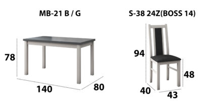 Set masa extensibila 140x180cm cu 6 scaune tapitate, MB-21 Modena1 si S-38 Boss14 B24Z, alb/grafit, lemn masiv de fag, stofa - imagine 6