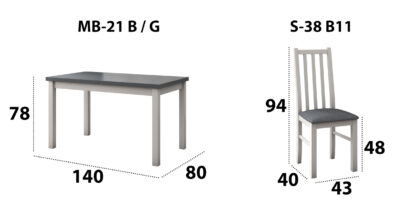Set masa extensibila 140x180cm cu 4 scaune tapitate, MB-21 Modena1 si S-38 Boss10 B11, alb/grafit, lemn masiv de fag, stofa - imagine 6