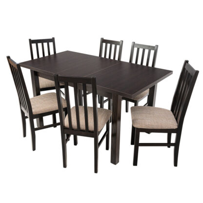 Set masa extensibila 120x150cm cu 6 scaune tapitate, MB-13 Max5 si S-38 Boss10 W2, wenge, lemn masiv, stofa