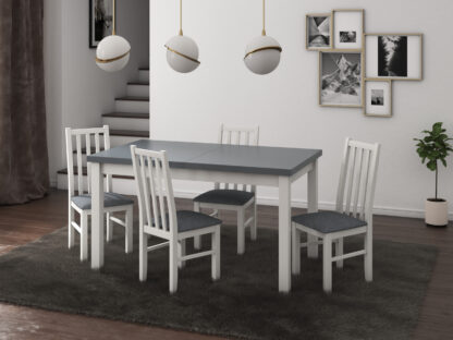 Set masa extensibila 140x180cm cu 4 scaune tapitate, MB-21 Modena1 si S-38 Boss10 B11, alb/grafit, lemn masiv de fag, stofa