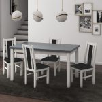 Set masa extensibila 140x180cm cu 4 scaune tapitate, MB-21 Modena1 si S-38 Boss14 B24Z, alb/grafit, lemn masiv de fag, stofa