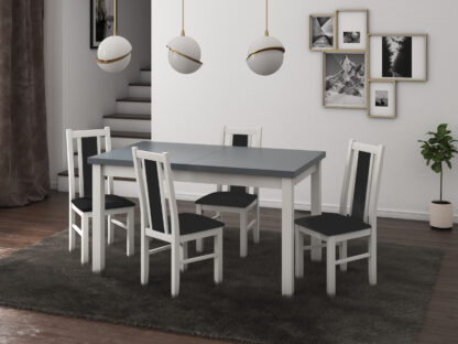 Set masa extensibila 140x180cm cu 4 scaune tapitate, MB-21 Modena1 si S-38 Boss14 B24Z, alb/grafit, lemn masiv de fag, stofa