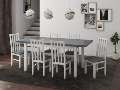 Set masa extensibila 140x180cm cu 6 scaune tapitate, MB-21 Modena1 si S-38 Boss10 B11, alb/grafit, lemn masiv de fag, stofa