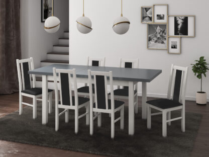 Set masa extensibila 140x180cm cu 6 scaune tapitate, MB-21 Modena1 si S-38 Boss14 B24Z, alb/grafit, lemn masiv de fag, stofa