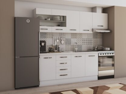 Bucatarie Alfa cu vitrina, 240x210x60 cm, alb