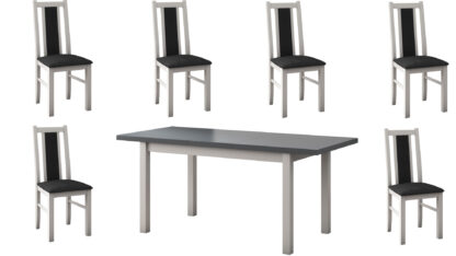 Set masa extensibila 140x180cm cu 6 scaune tapitate, MB-21 Modena1 si S-38 Boss14 B24Z, alb/grafit, lemn masiv de fag, stofa - imagine 7