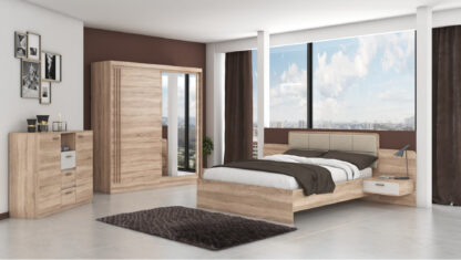 Set Dormitor Effect, Sonoma, Dulap 200 cm, Pat 160x200 cm, 2 noptiere, comoda