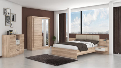 Set Dormitor Effect, Sonoma, Dulap 150 cm, Pat 160x200 cm, 2 noptiere, comoda