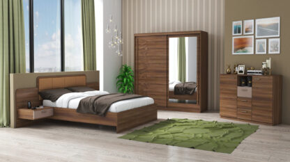 Set Dormitor Tokyo, Nuc, Dulap 200 cm, Pat 160x200 cm, 2 noptiere, comoda
