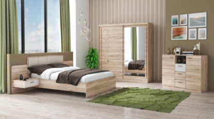 Set Dormitor Tokyo, Sonoma, Dulap 200 cm, Pat 160x200 cm, 2 noptiere, comoda