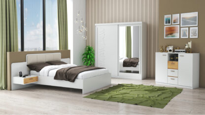 Set Dormitor Tokyo, Alb, Dulap 200 cm, Pat 160x200 cm, 2 noptiere, comoda