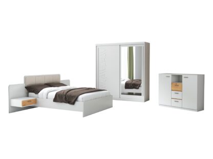 Set Dormitor Tokyo, Alb, Dulap 200 cm, Pat 160x200 cm, 2 noptiere, comoda - imagine 2