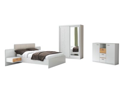 Set Dormitor Tokyo, Alb, Dulap 150 cm, Pat 160x200 cm, 2 noptiere, comoda - imagine 2