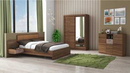 Set Dormitor Tokyo, Nuc, Dulap 150 cm, Pat 160x200 cm, 2 noptiere, comoda