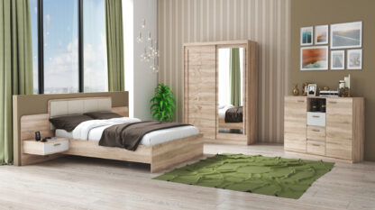 Set Dormitor Tokyo, Sonoma, Dulap 150 cm, Pat 160x200 cm, 2 noptiere, comoda