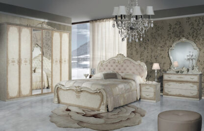 Dormitor Tolouse, bej, pat 160x200 cm, dulap cu 6 usi, 2 noptiere, comoda