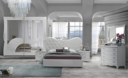 Dormitor Brielle , alb, pat 180x200 cm, dulap cu 2 usi culisante, 2 noptiere, comoda