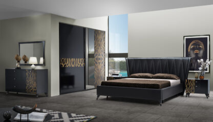 Dormitor Savana, negru cu print, pat 160x200 cm, dulap cu 2 usi culisante, 2 noptiere, comoda