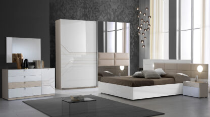 Dormitor Svetlana , alb/cappuccino, pat 160x200 cm, dulap cu 2 usi culisante, 2 noptiere, comoda